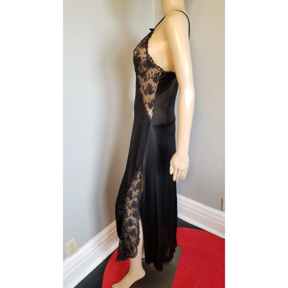 70s Black Lace Nightgown, Lady Cameo Dallas Spaghetti Strap Column Gown -M - Picture 6 of 9